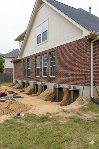 Steel piers installed beneath a brick home during foundation repair, showing excavation, brackets, and structural support installation by Brown Foundation Repair.