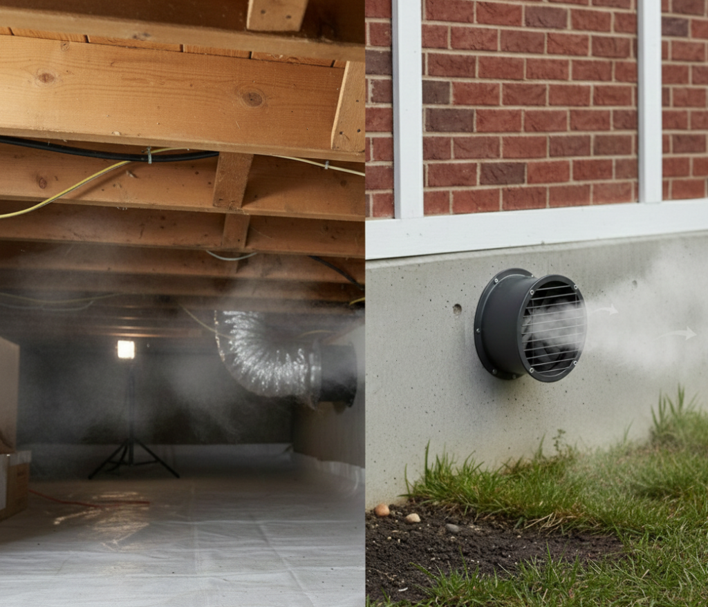 Close-up photo showing an exterior beam vent fan installed by Brown Foundation in a crawl space foundation opening to exhaust humid air and improve ventilation.