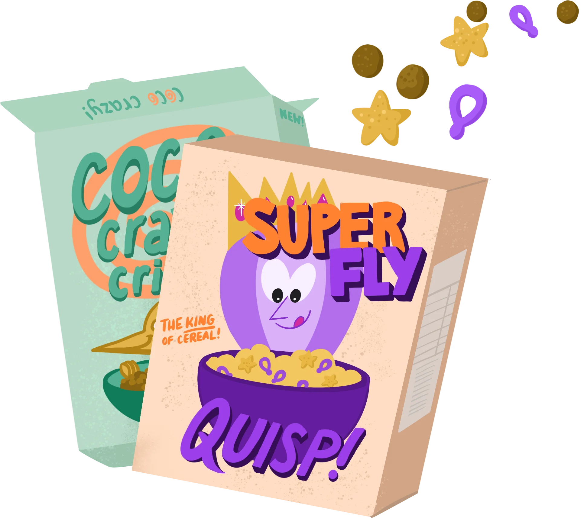 An illustration of Fly-branded cereal boxes and flying bits of cereal.