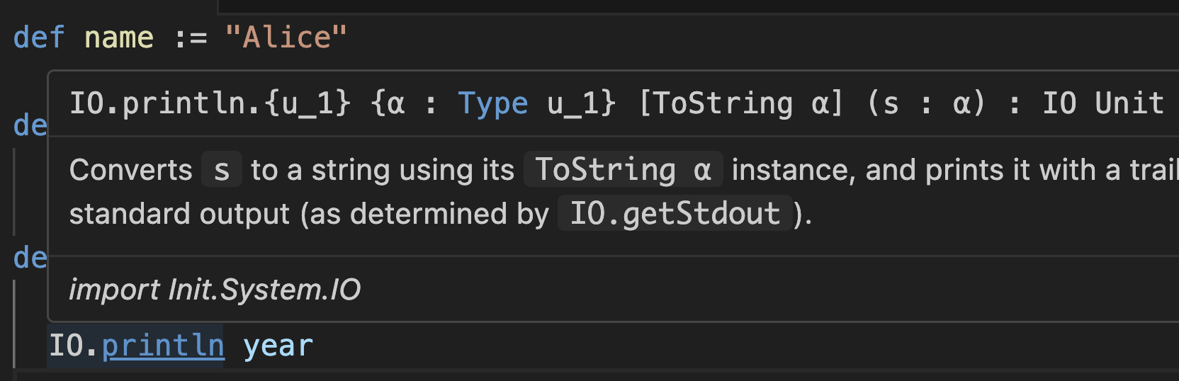 IO.println.{u_1} {a : Type u_1} [ToString α] (s: α) : IO Unit