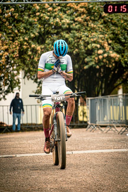 Cyclist crossing finish line